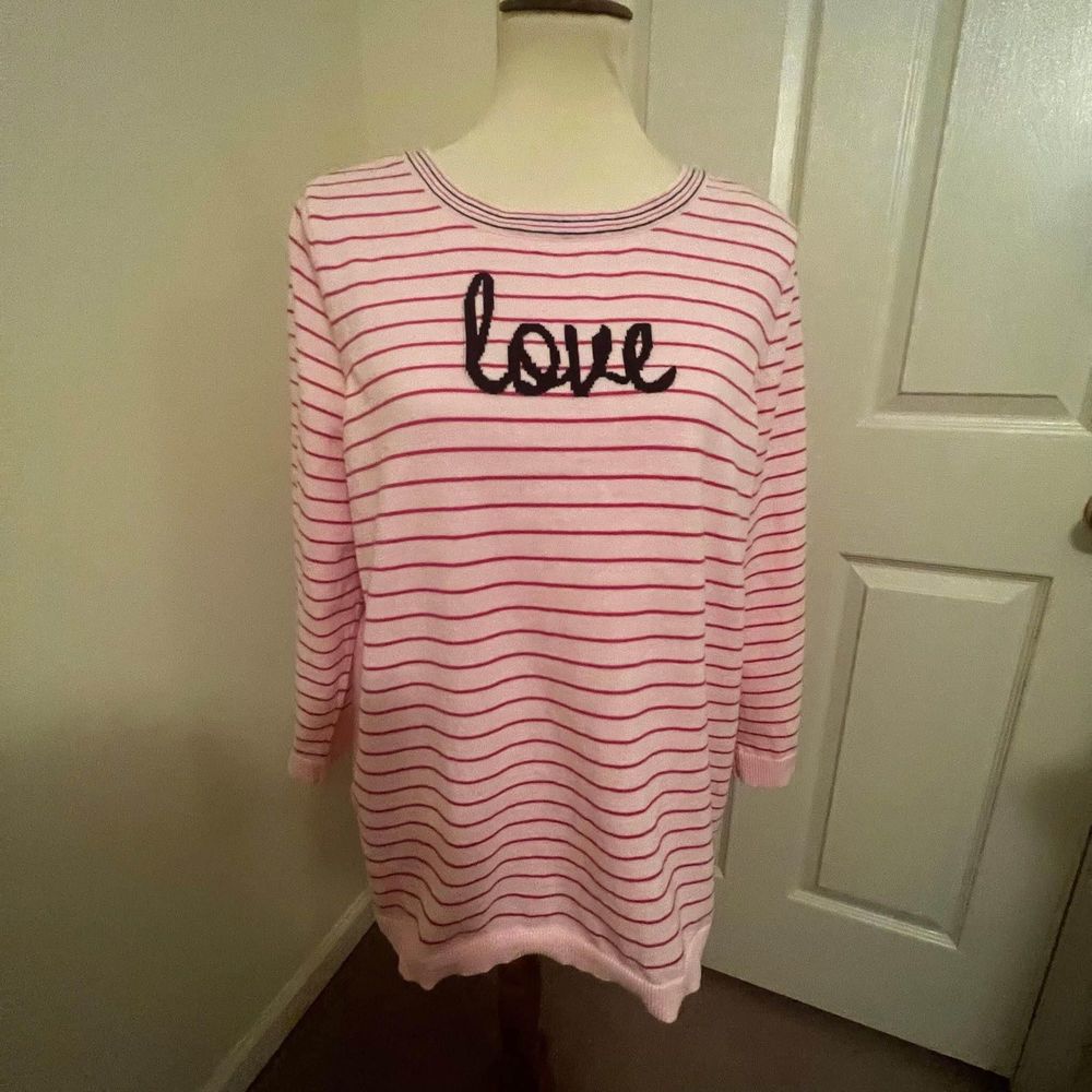 XL Kim Rogers Long Sleeve Blouse Pink & black Striped “Love” C3013
